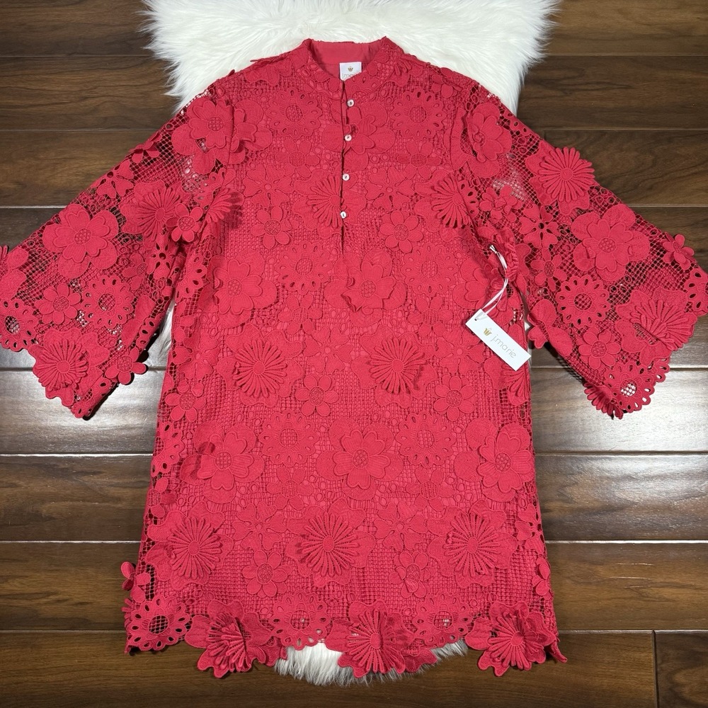J.Marie Women's Size Small Red‎ Seraphina Floral 3D Lace Long Sleeve Dress